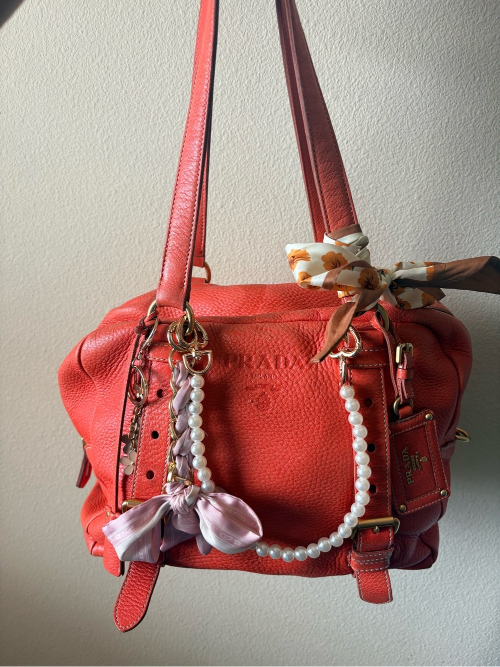 Prada Cervo DeerSkin Leather Travel buckle Satchel Orange/Coral Corvallo Color.